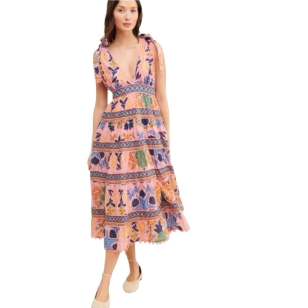 Farm Rio New Anthropologie Seashell Tapestry Midi Dress Pink Size S NWT - Picture 5 of 16